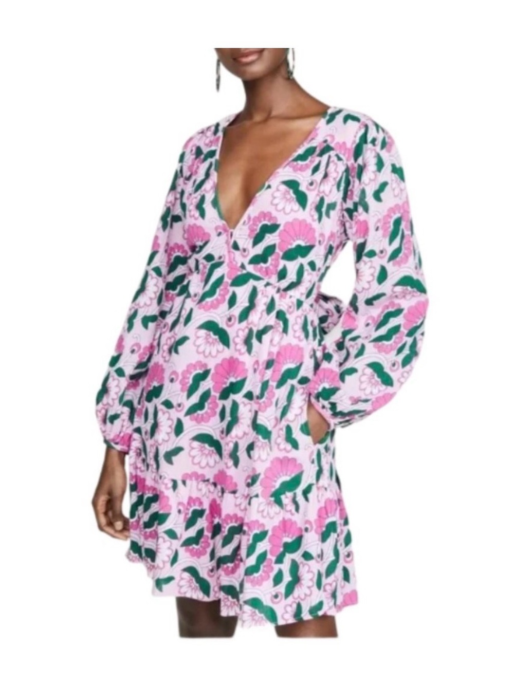Banjanan Pink & Green Floral V-Neck Long Sleeve Dress